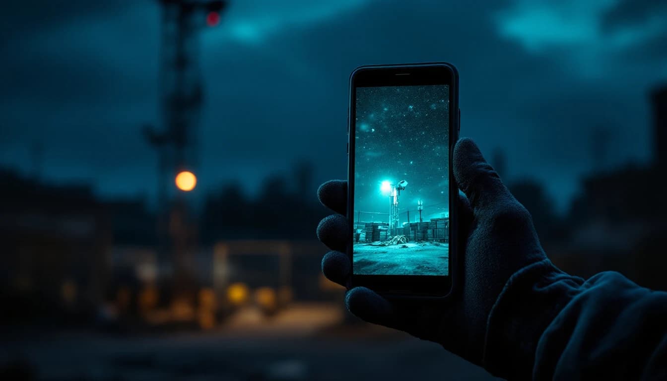 A phone showing a night-time camera alert held in a gloved hand at a dark jobsite, surveillance mast lit behind