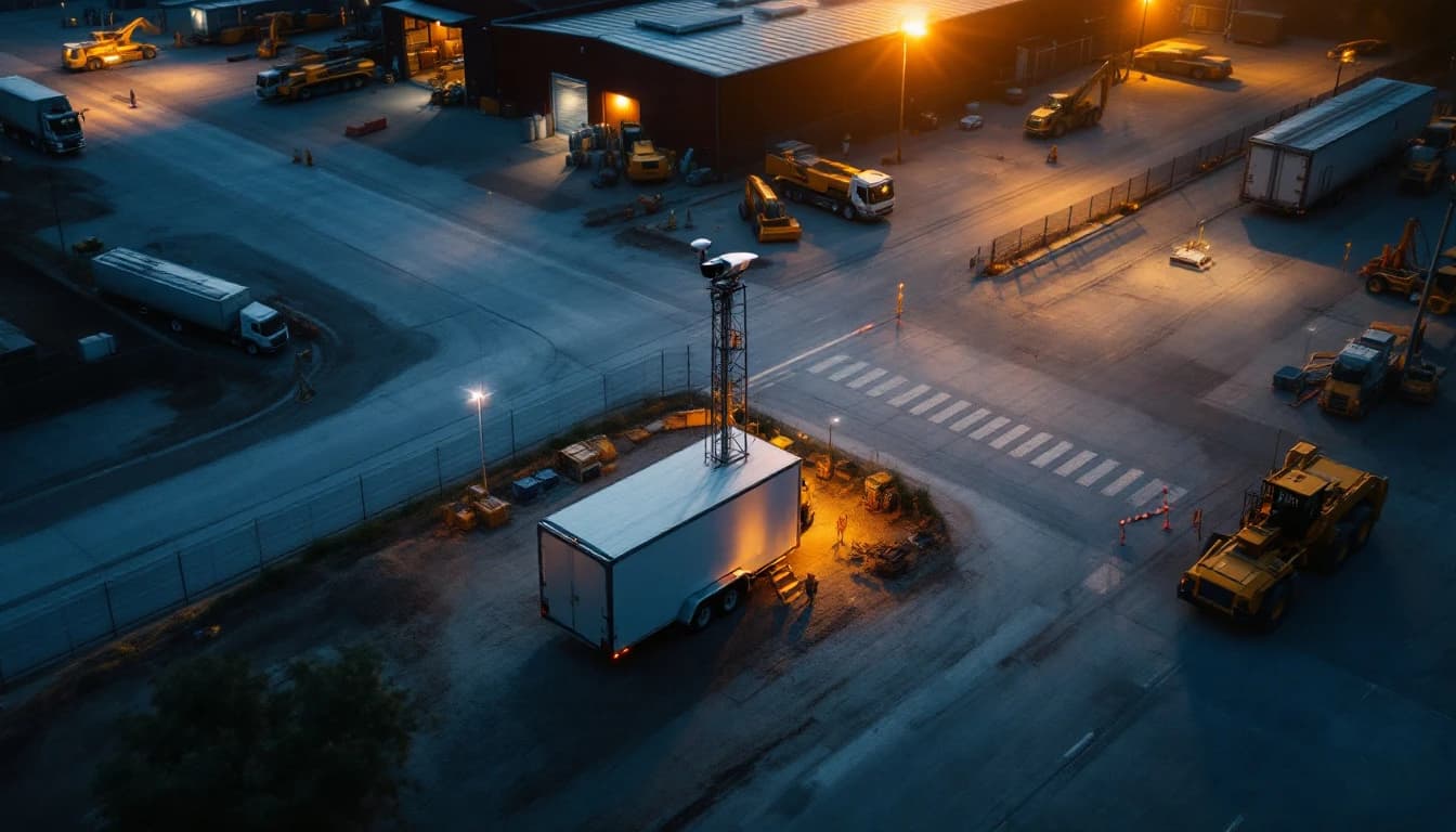 Surveillance trailer positioned on a rise at the corner of a fenced jobsite overlooking gates and equipment