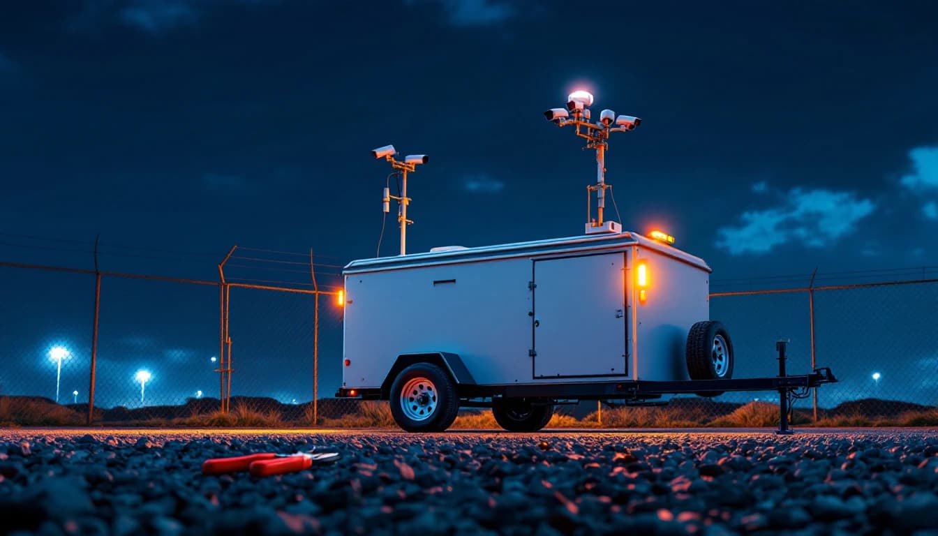 Night view from ground level of red-handled cutters lying on gravel in front of a white surveillance trailer with a camera mast and amber warning lights inside a chain link fence