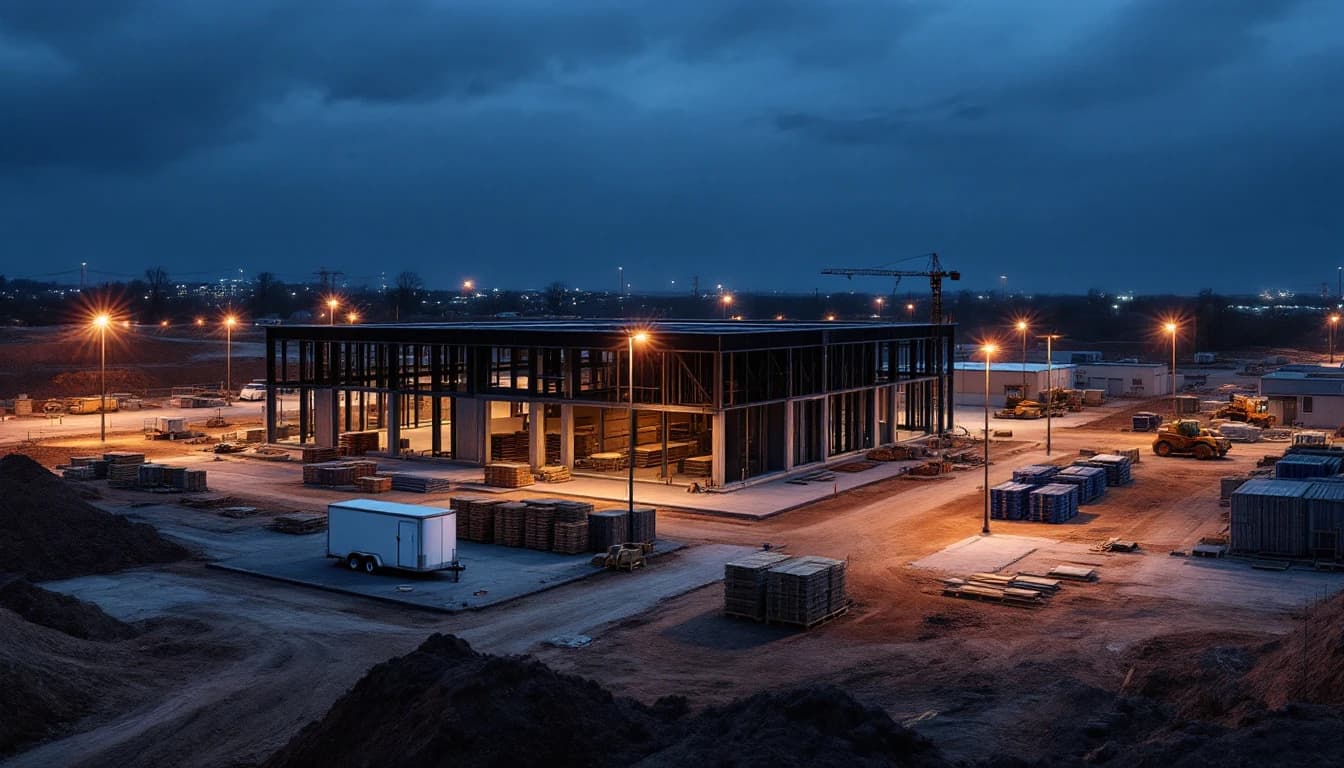 Commercial construction site at dusk showing a graded pad, a partially framed structure and a surveillance trailer with its mast raised near the equipment laydown area