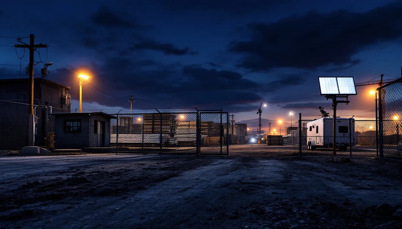 Dusk at the gate of a fenced Texas construction site showing a small guard shack, a camera on a temporary power pole and a solar surveillance trailer inside the fence