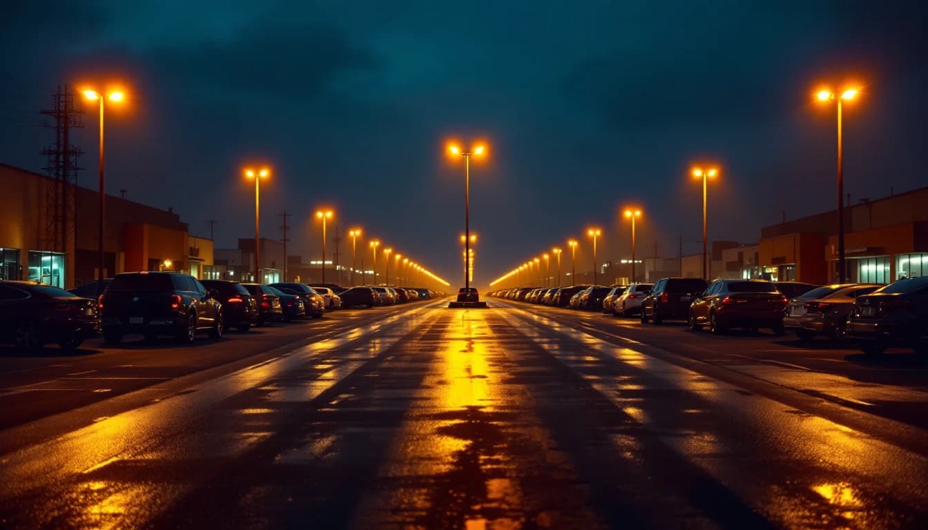 Rows of vehicles on a dealership lot at night under pole lights with a surveillance unit mast watching the entrance