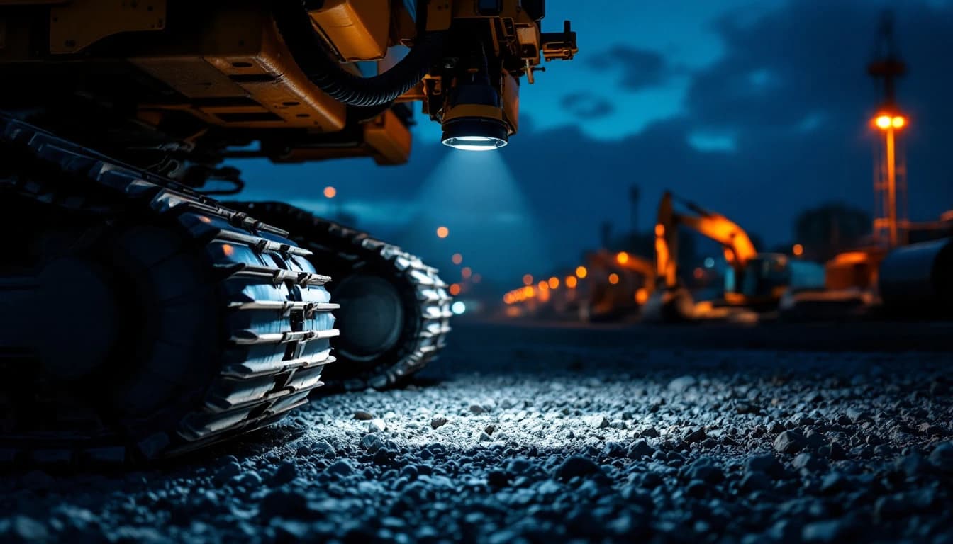 Low night view beside the tracks of a parked excavator lit by a work light, with other machines silhouetted across a dark gravel yard