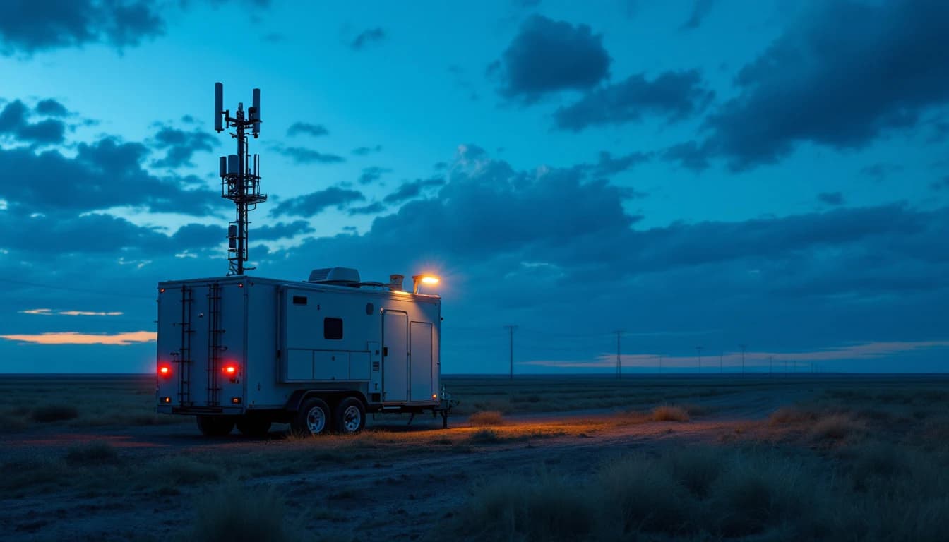 Surveillance trailer with a cellular antenna on an open rural jobsite with no buildings in sight