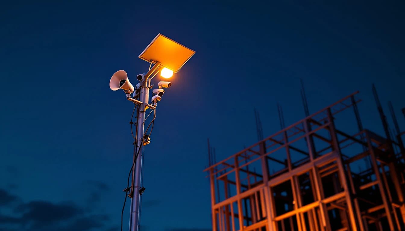 Close view of the top of a surveillance mast at night with a horn speaker, an amber strobe firing and security cameras above a dark construction site