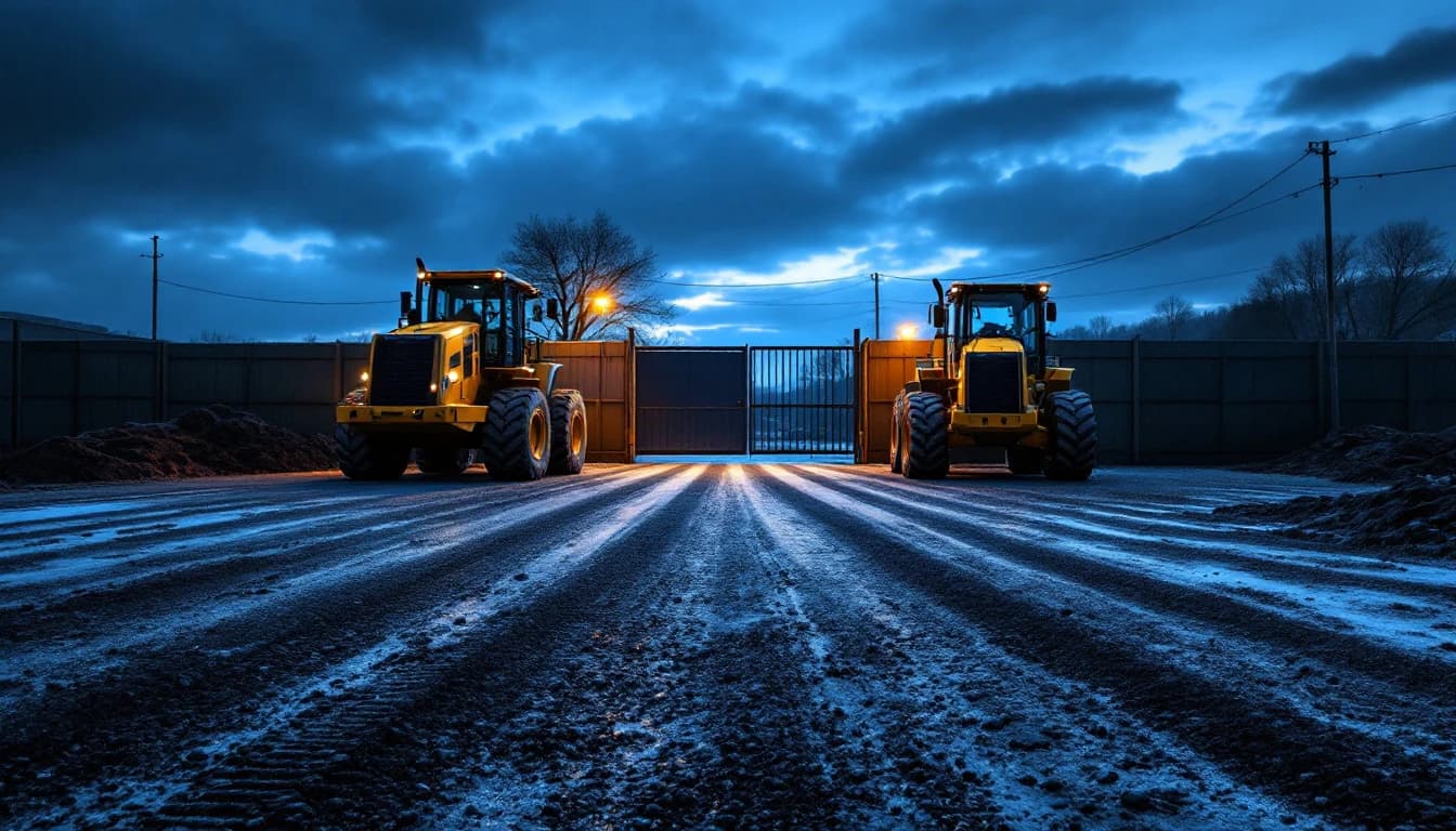 Cold dawn in a contractor equipment yard showing an empty gravel parking bay between two machines, with tyre tracks leading toward an open gate