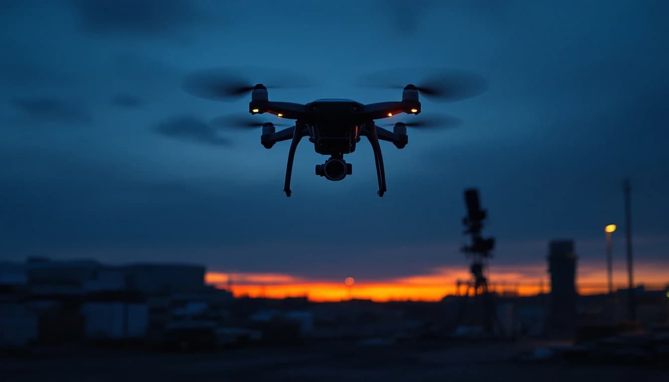 Small quadcopter drone silhouetted high above a fenced equipment yard at dusk, with a surveillance mast and stacked materials on the ground below
