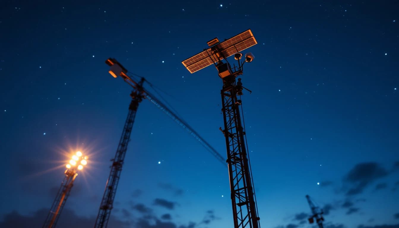 Close view of a security trailer mast with cameras, solar panel and antenna against a dusk sky on a construction site