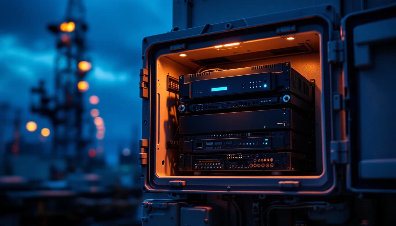 Close detail of a weatherproof equipment enclosure open at dusk showing a recording drive and cabling inside a surveillance unit