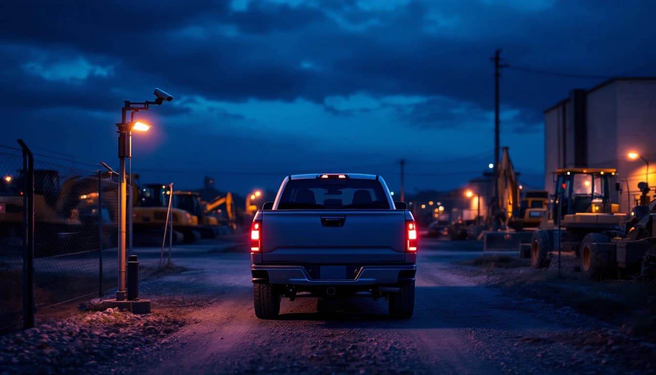 Camera at a gravel equipment yard gate angled to read the front of a pickup truck entering at dusk