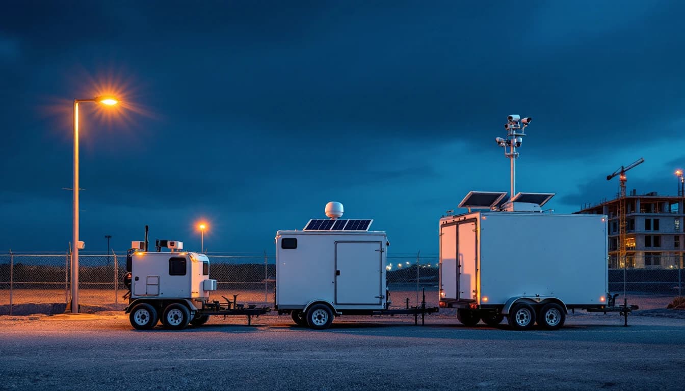 Three white security units of increasing size lined up side by side in a gravel yard at blue hour, the largest carrying a tall camera mast and solar panels