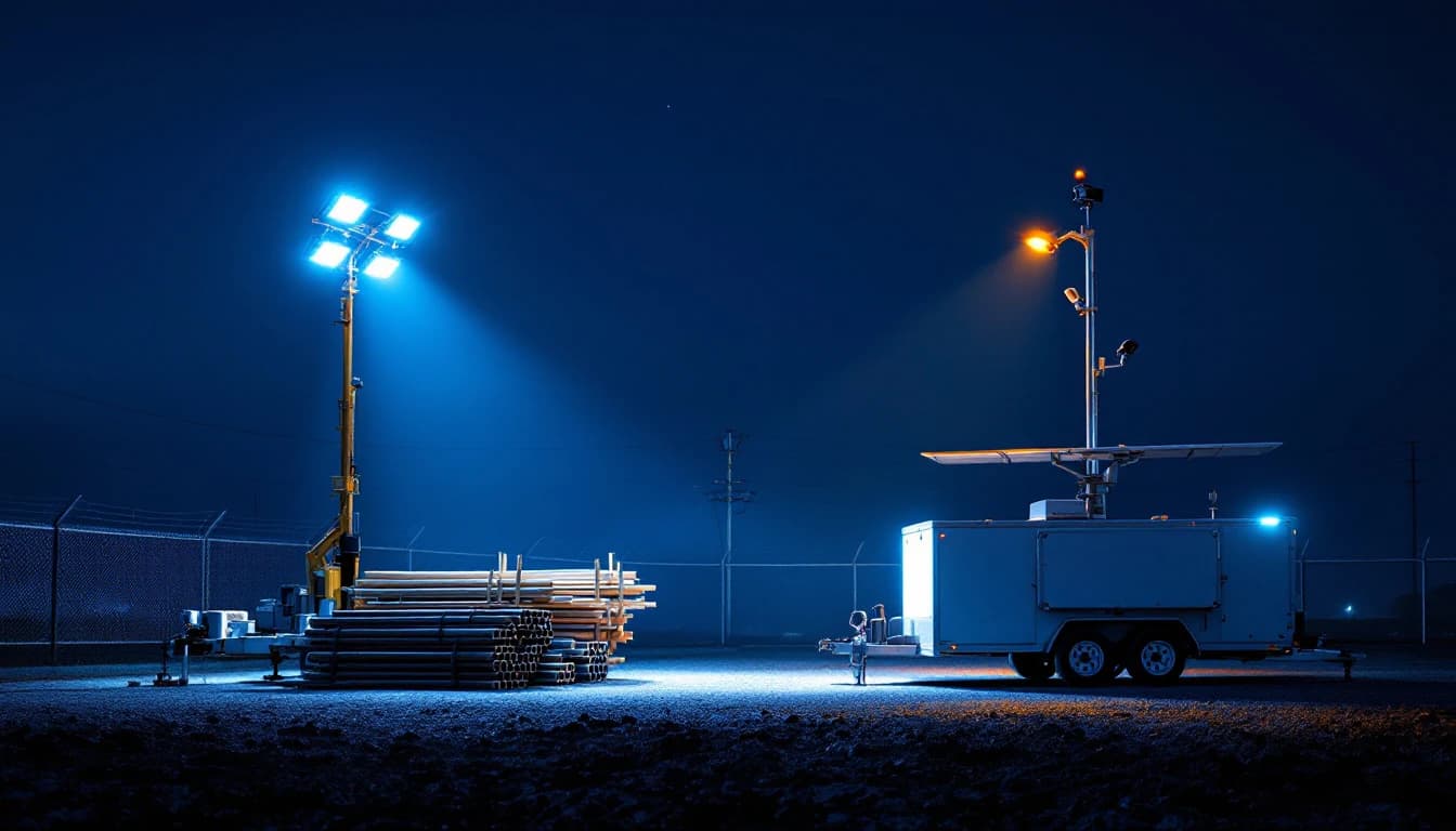 A towable light tower flooding one half of a dark construction yard with white light while a surveillance trailer with a camera mast and amber beacon stands in the unlit half
