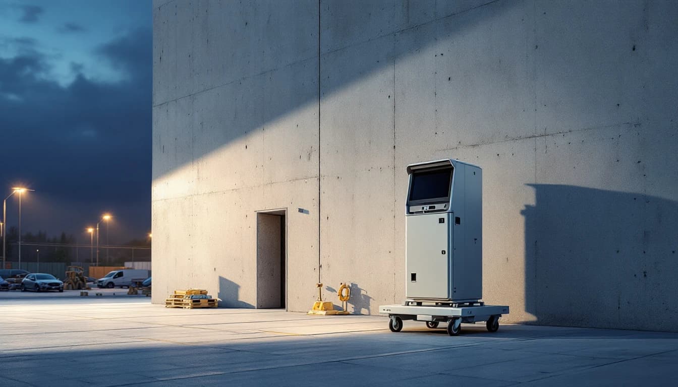 Portable security tower standing beside a building under construction with permanent camera conduit visible on the wall