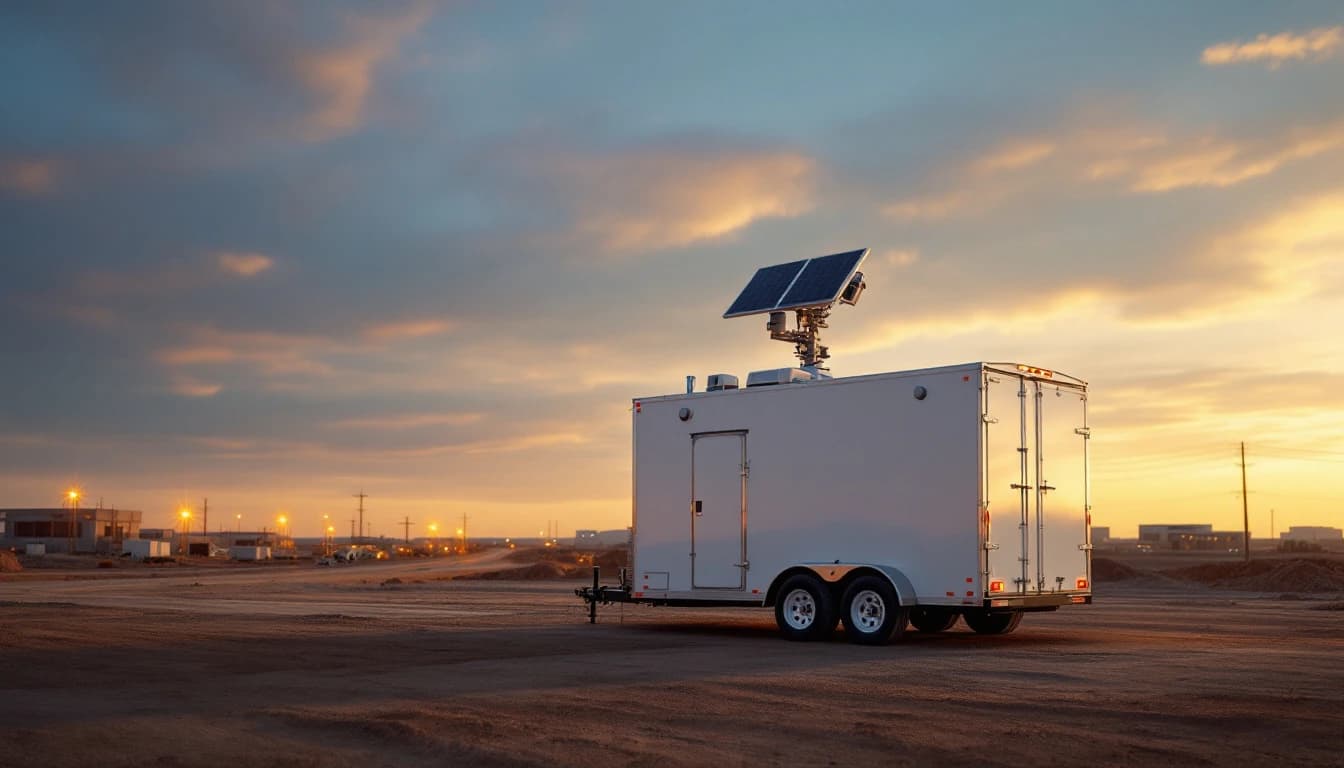 Solar surveillance trailer parked on a Dallas Fort Worth construction site at golden hour with its camera mast raised
