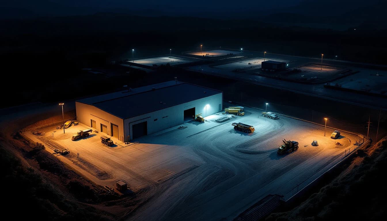 Elevated night view of an L-shaped industrial site where a long building blocks the sightline between two separated yard areas