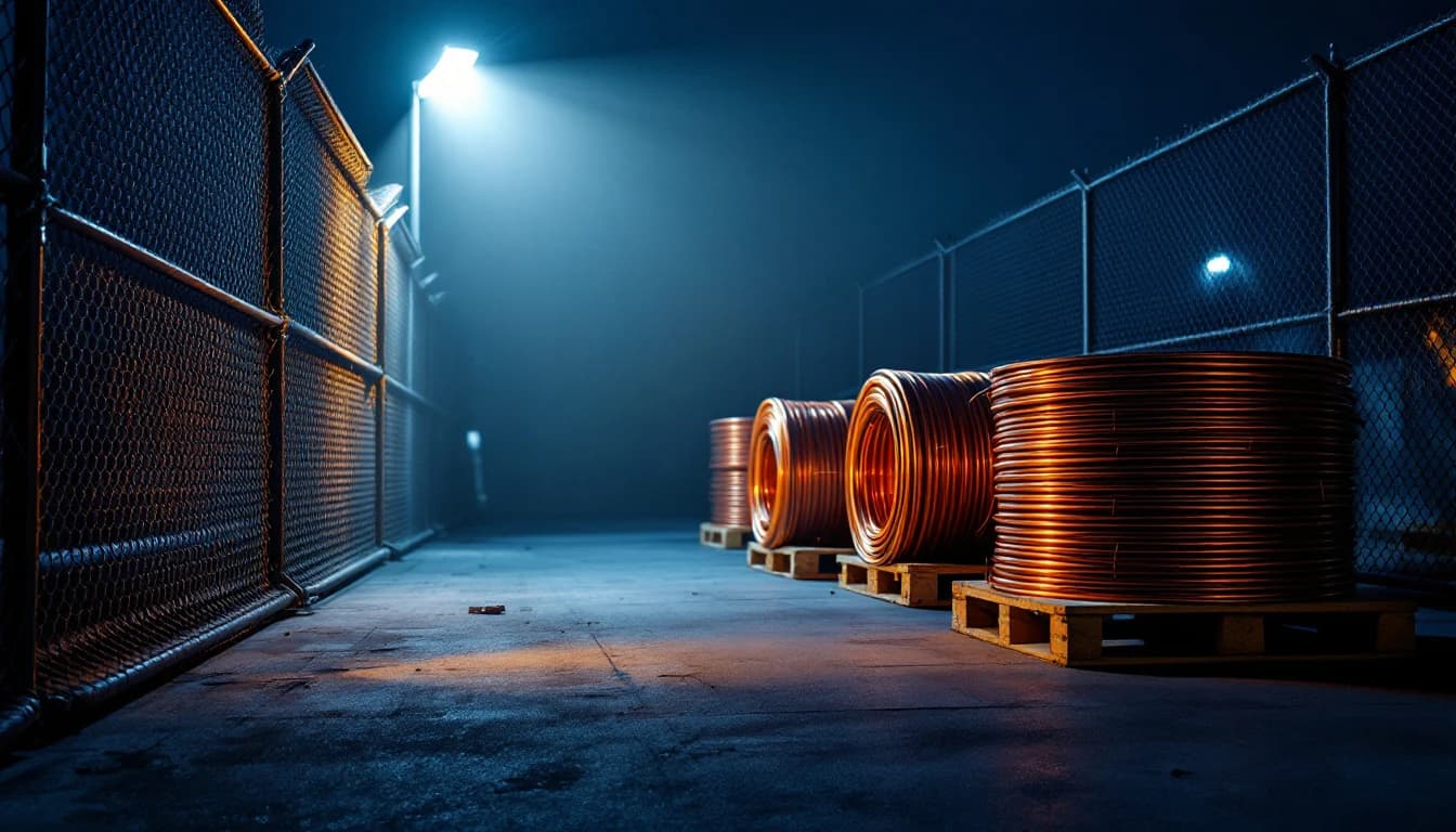Coils of copper wire and conduit staged on a construction site at night in the glow of a security light