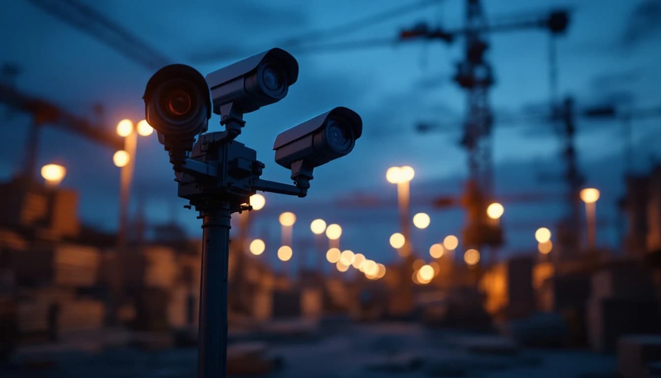 Pan tilt zoom camera and fixed bullet cameras mounted together on a mast overlooking a construction yard