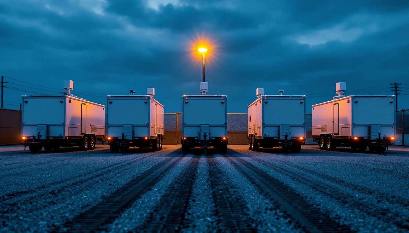 A row of identical solar surveillance trailers with masts folded down, parked idle in a fenced gravel storage yard at dusk with tire tracks leading out through the gate