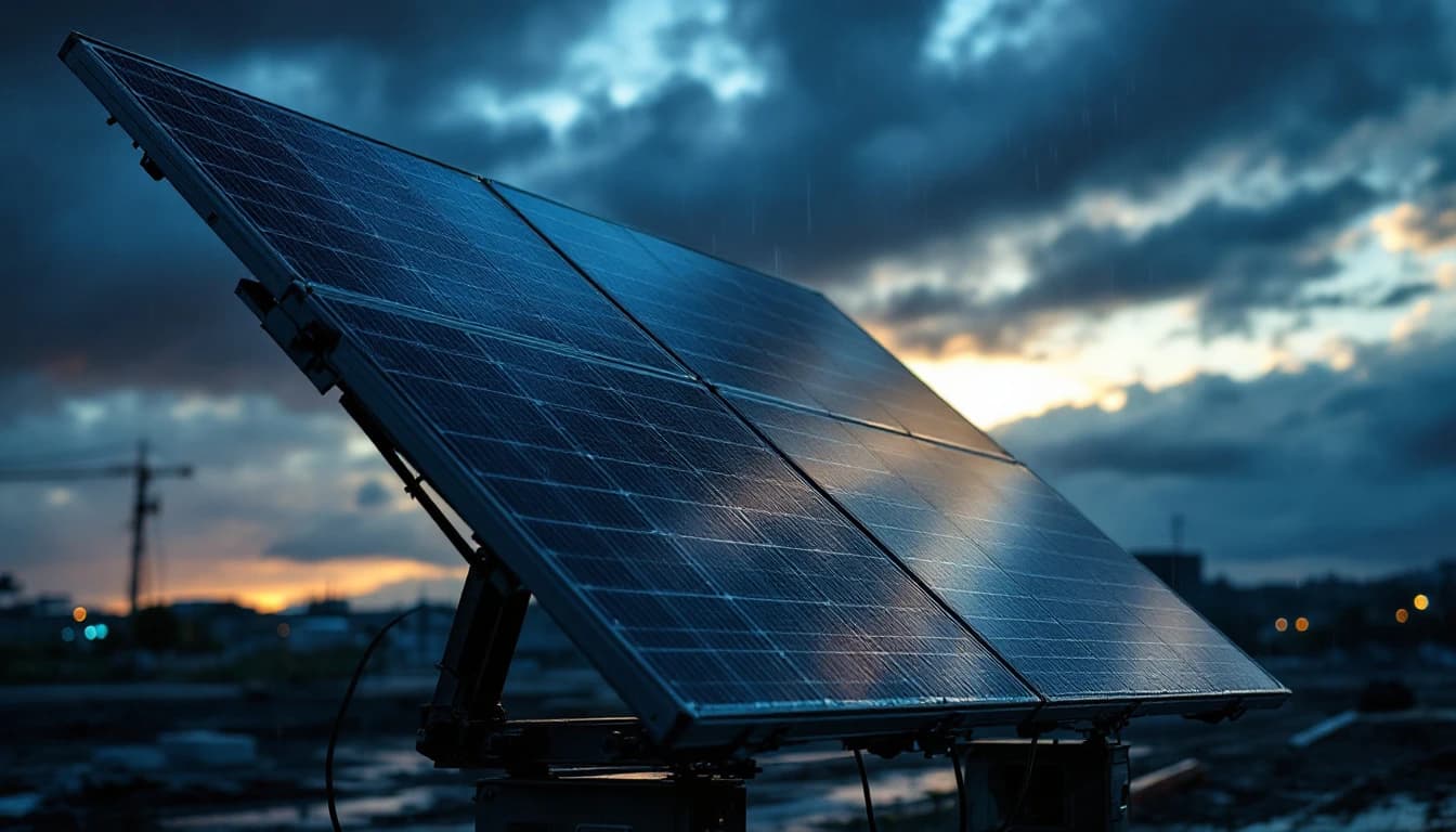Solar panel array on a surveillance trailer under heavy overcast clouds with rain threatening