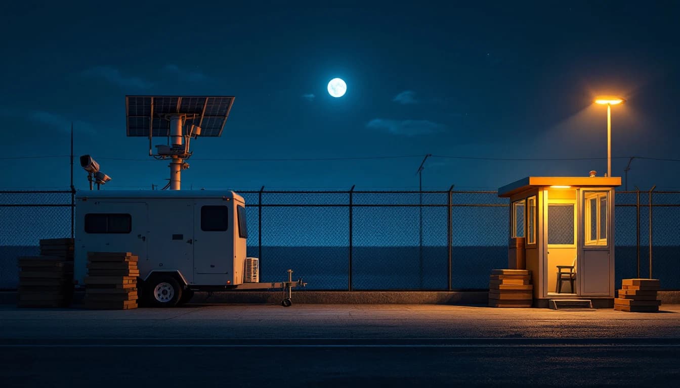 Split scene of a solar surveillance trailer watching an empty jobsite at night opposite a lit guard booth