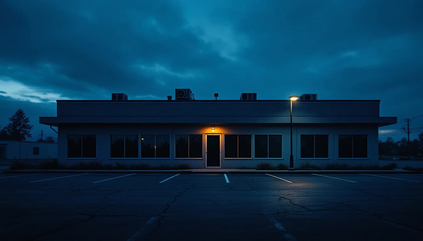 Empty commercial office building at dusk with a dark parking lot, rooftop HVAC units silhouetted against the sky
