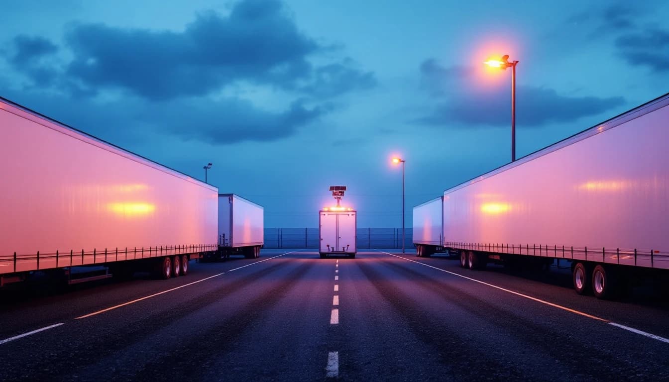 Night view down a row of parked white semi trailers in a fenced distribution yard with a surveillance trailer mast and amber strobe at the end of the row