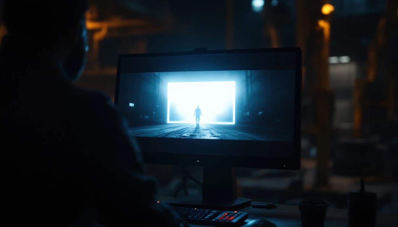 Monitor showing an abstract video wall with one highlighted detection box over a figure walking through a dark equipment yard
