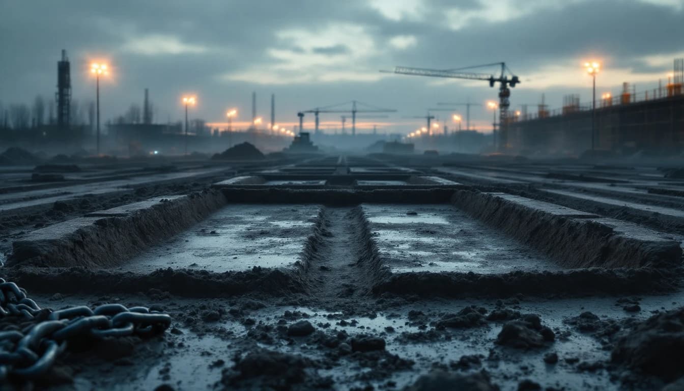 Empty muddy equipment pad on a construction site at dawn with fresh tire tracks where a machine had been parked
