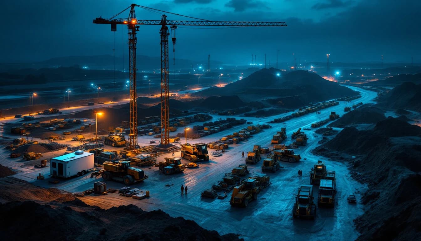 Wide aerial style view of a large construction site with a single surveillance trailer positioned near the equipment laydown