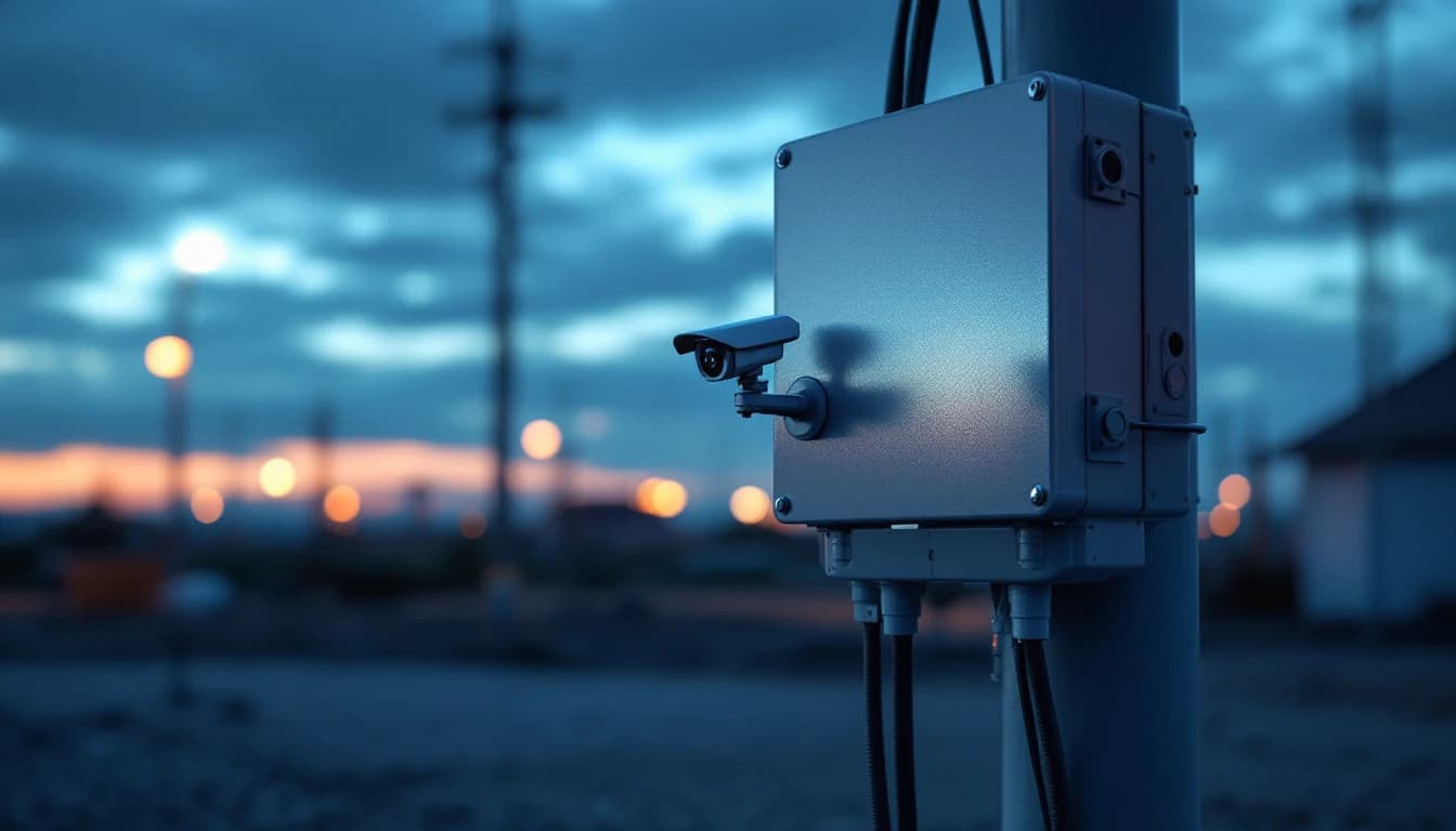 Close view of a surveillance unit equipment enclosure at dusk with a satellite dish and a lower plate-capture camera mounted beside the mast