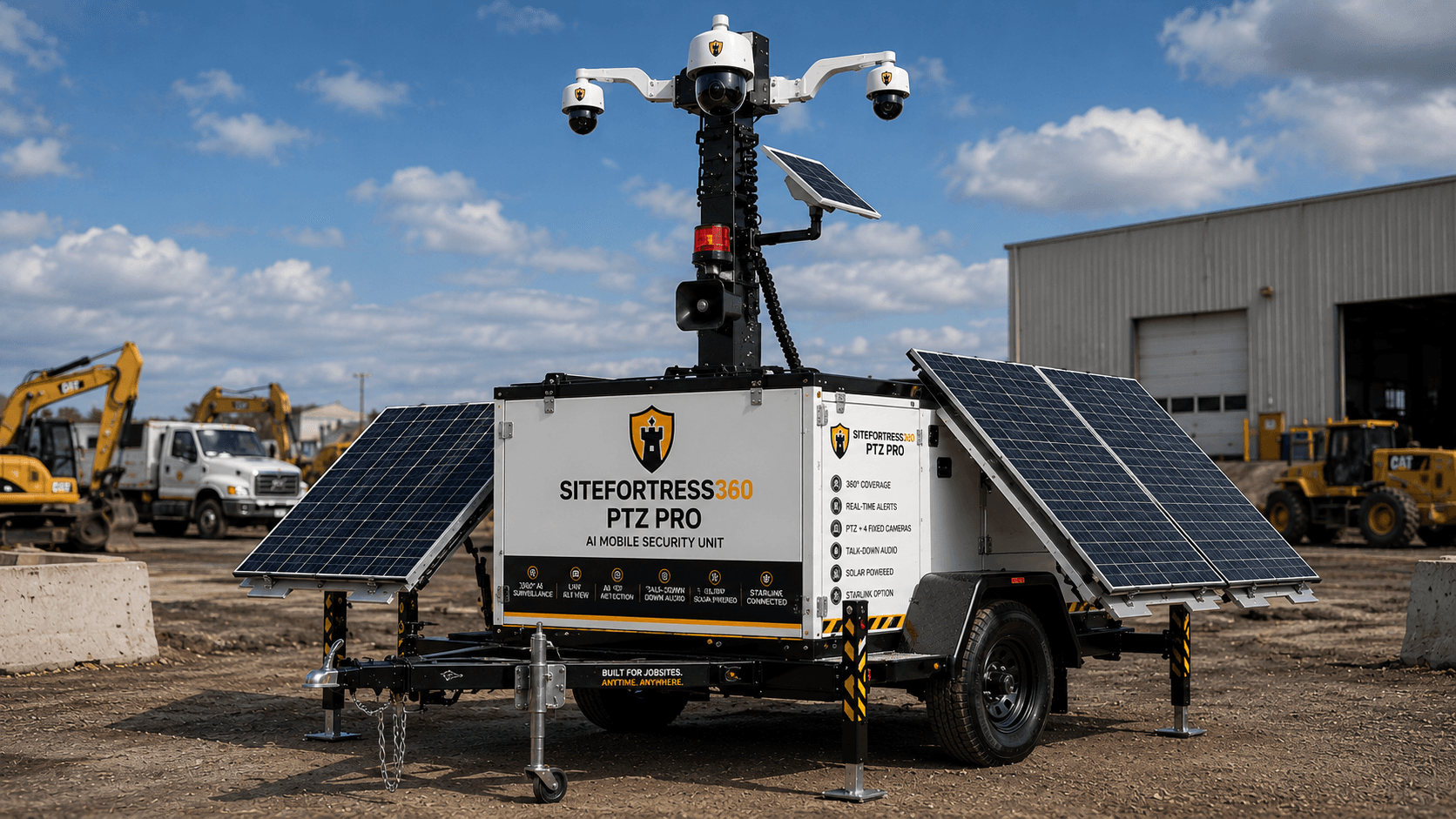 SiteFortress 360 solar surveillance trailer with telescoping camera mast, solar panels and talk-down speaker on a construction site (concept render)