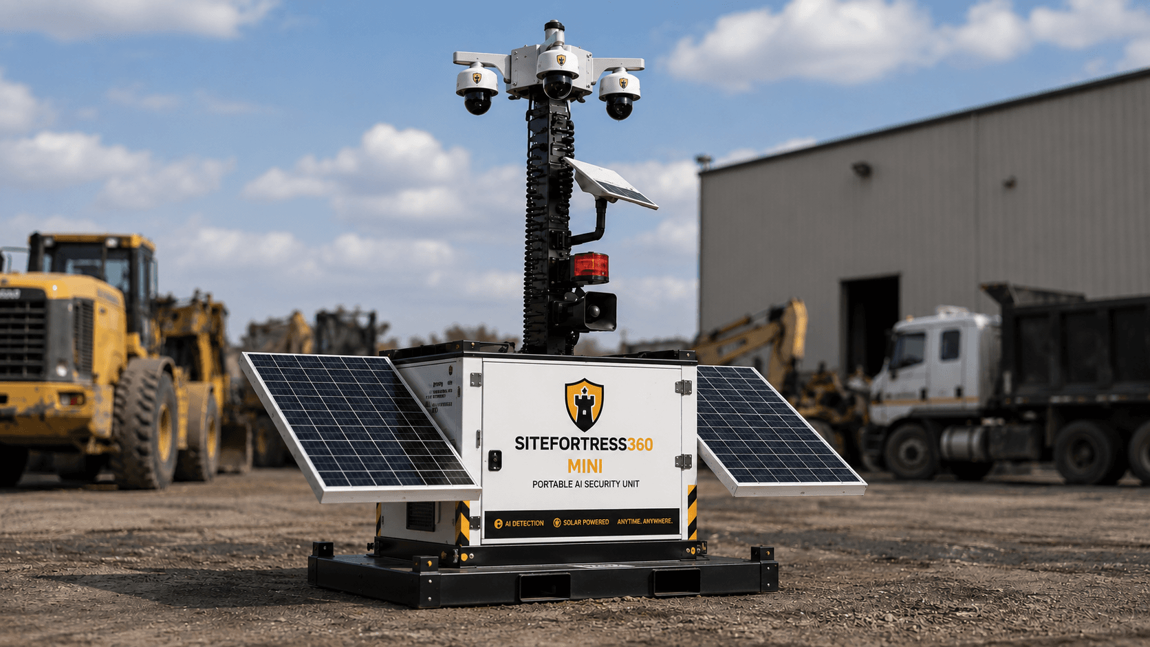 SiteFortress Mini portable AI security tower with fold-out solar panels, 4 cameras and strobe on a skid base at an equipment yard