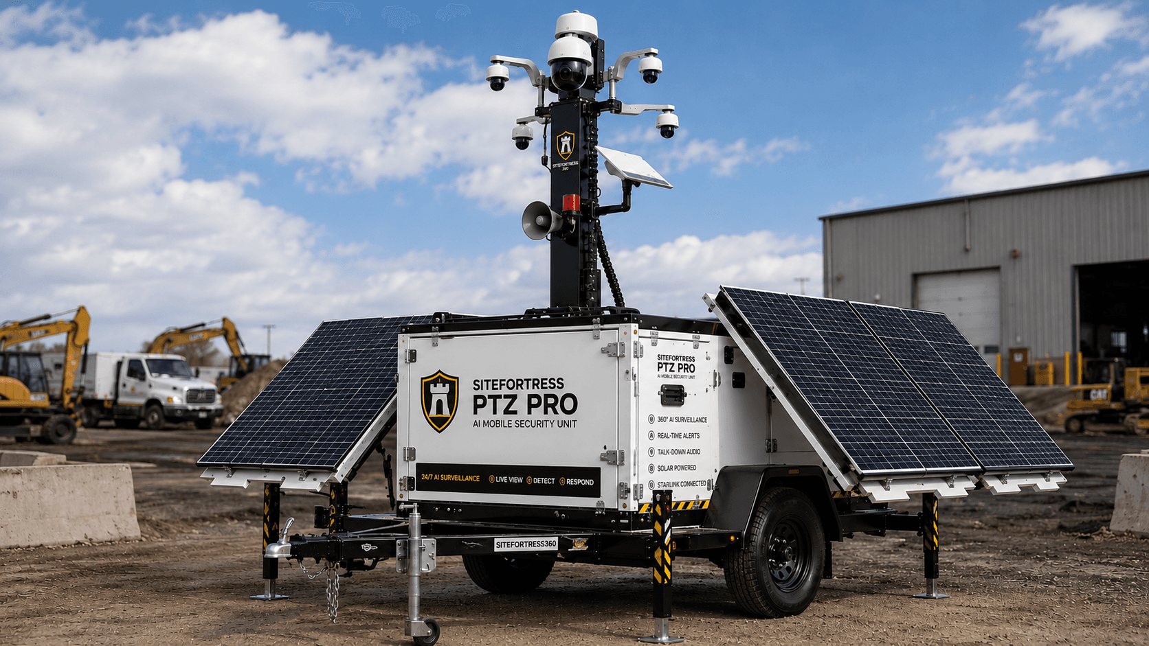 SiteFortress PTZ Pro solar surveillance trailer deployed at a DFW equipment yard — PTZ and fixed AI cameras on a 20 ft mast with solar arrays